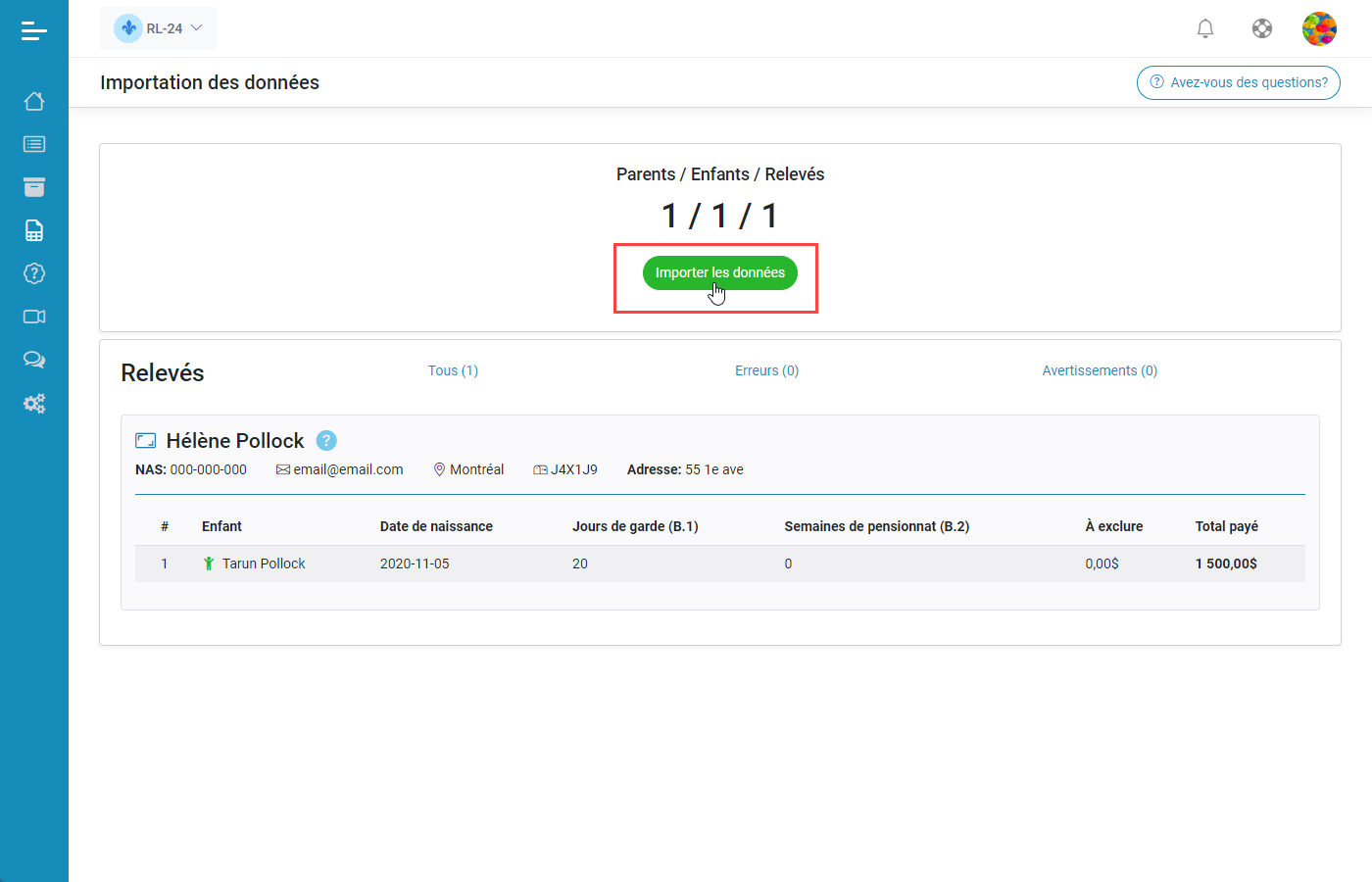 Relev 24 EN LIGNE Importation de donnes