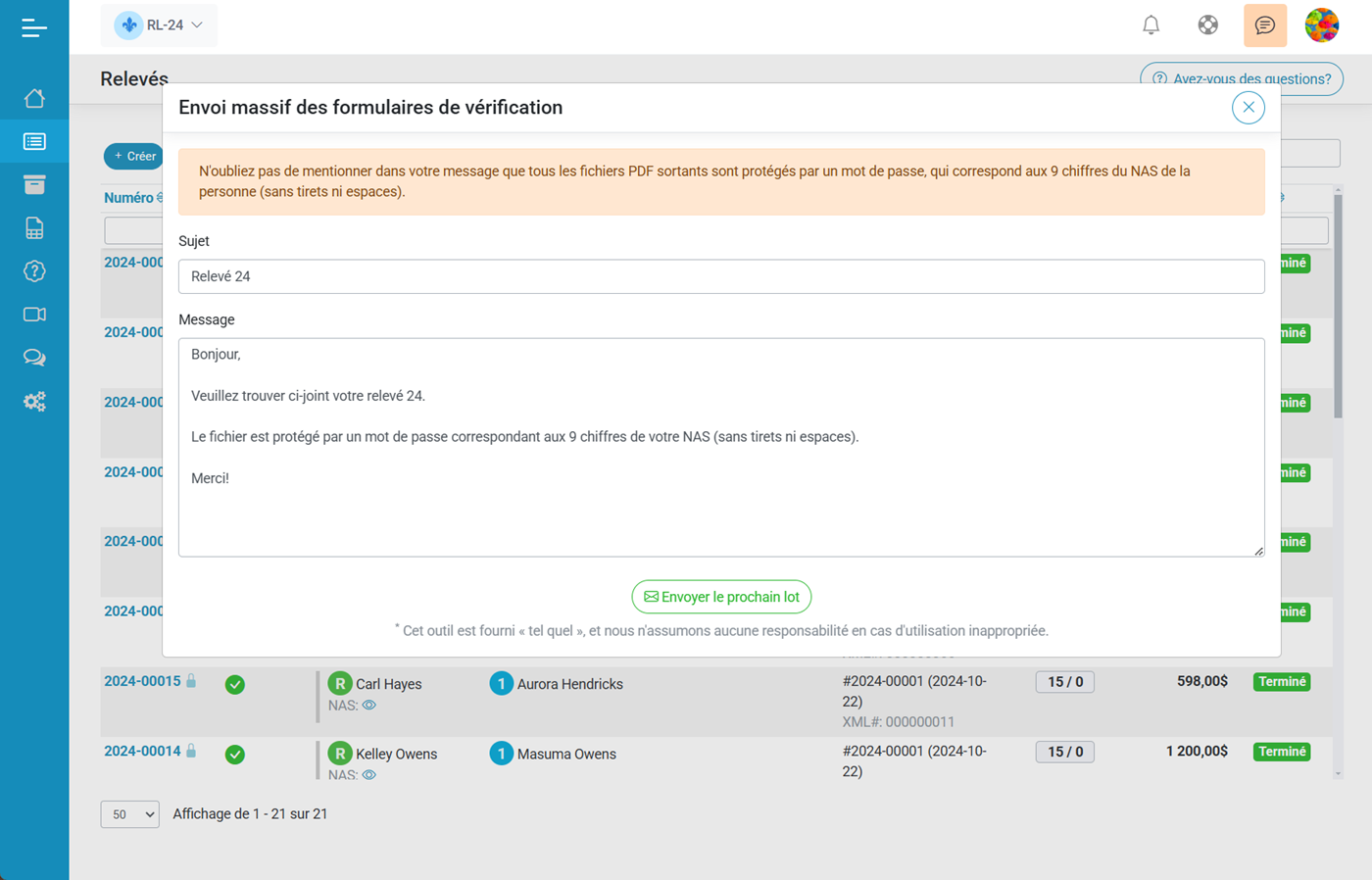 Relev 24 EN LIGNE Module denvoi des copies aux particuliers
